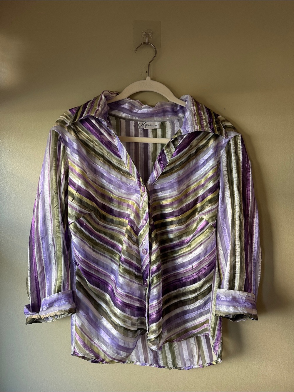 Dress Barn Striped Button-Down Shirt in Lavender and Olive